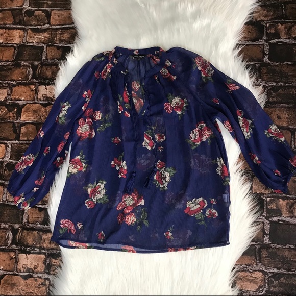 Lucky Brand Blue Sheer Peasant Blouse Floral Top - Picture 2 of 8